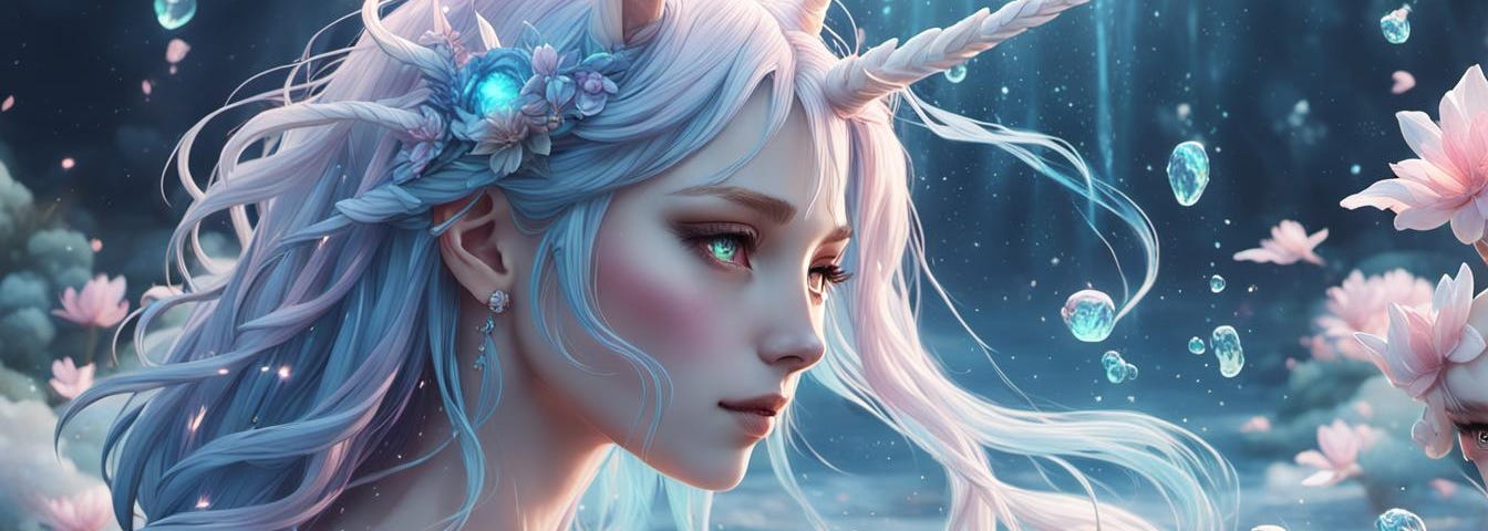 A gorgeous woman with silver white hair with a unicorn horn, standing in a pool.