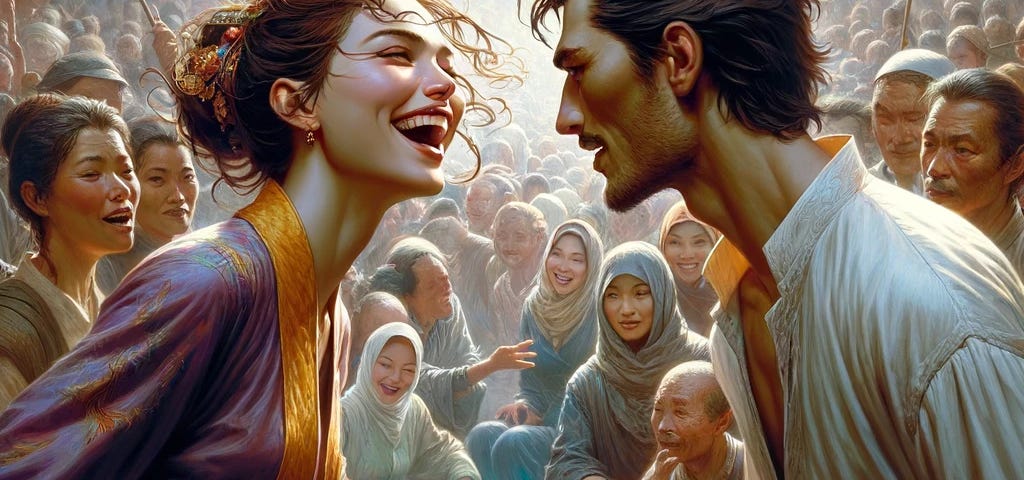 A vivid illustration of a woman and man engaging in a momentous meeting amidst a crowd, her laughter bright and his stance wary, as they extend hands in a symbol of unity and learning from history.