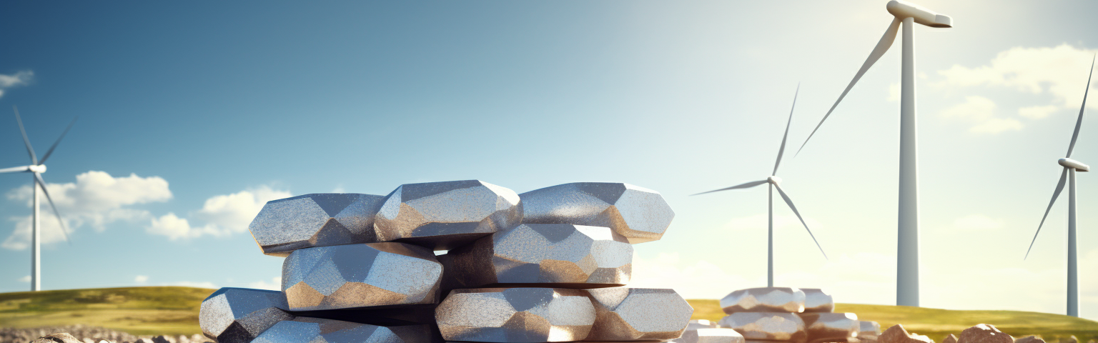 Midjourney generated image of ingots of steel stacked with wind turbines in the background under a sunny sky, optimistic