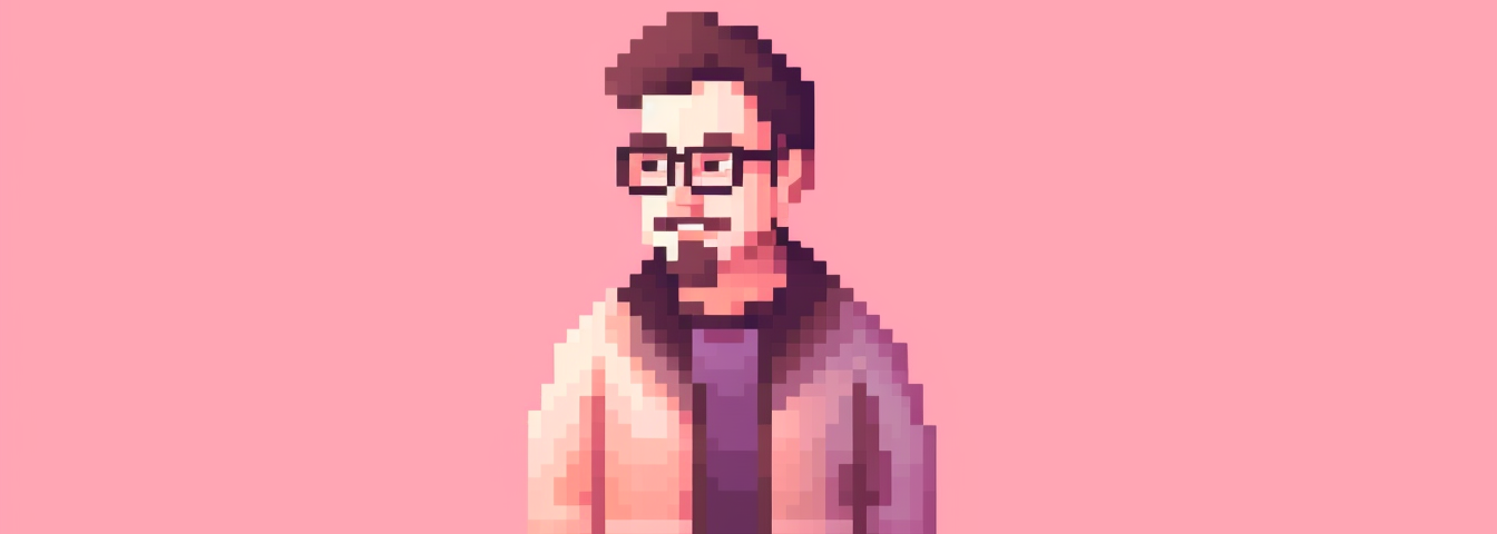 Pixel art of a man with pink background
