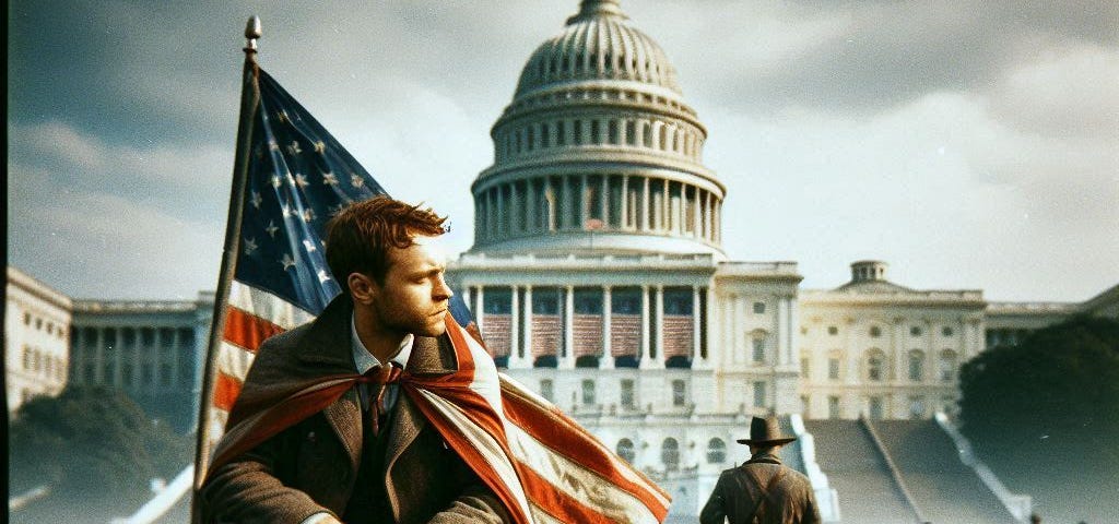 A young man in a suit sits in a field of tall, golden grass in front of the United States Capitol building. Draped over his shoulders is an American flag, symbolizing patriotism and contemplation. In the background, several figures in trench coats and fedoras walk towards the Capitol, adding a sense of historical context and intrigue. The sky is overcast, creating a dramatic and thoughtful atmosphere.