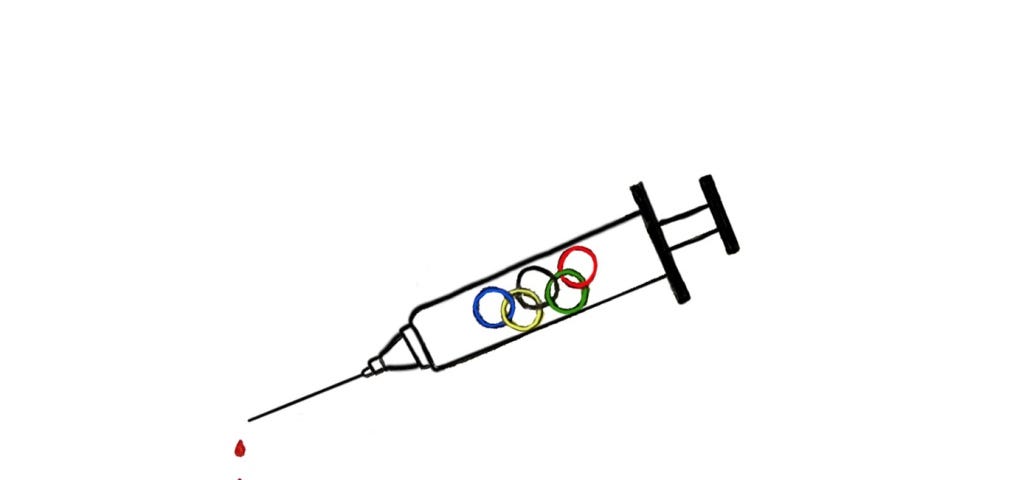 Drawing of a hypodermic needle with the Olympic rings on the barrel and blood dripping from the needle.