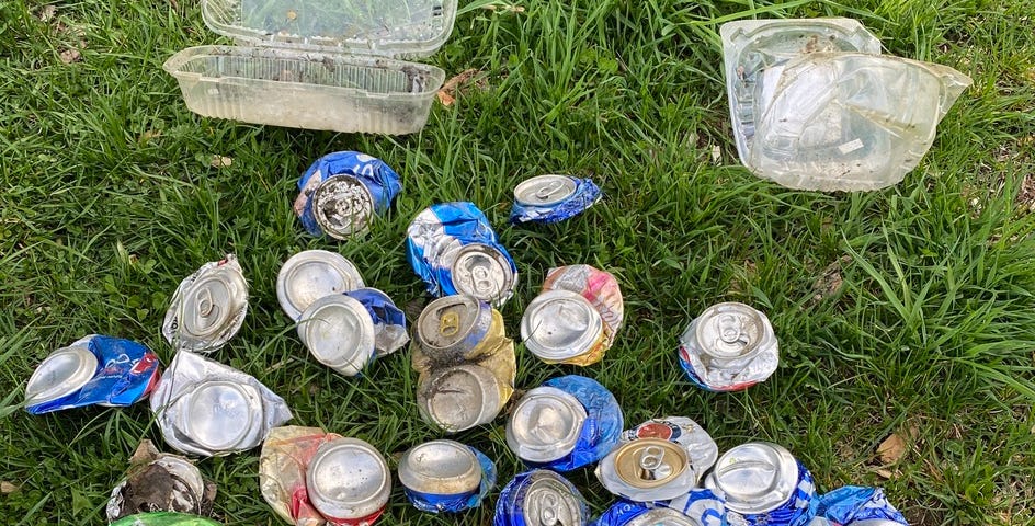 The 30 cans and two plastic clamshells I picked up on my walk