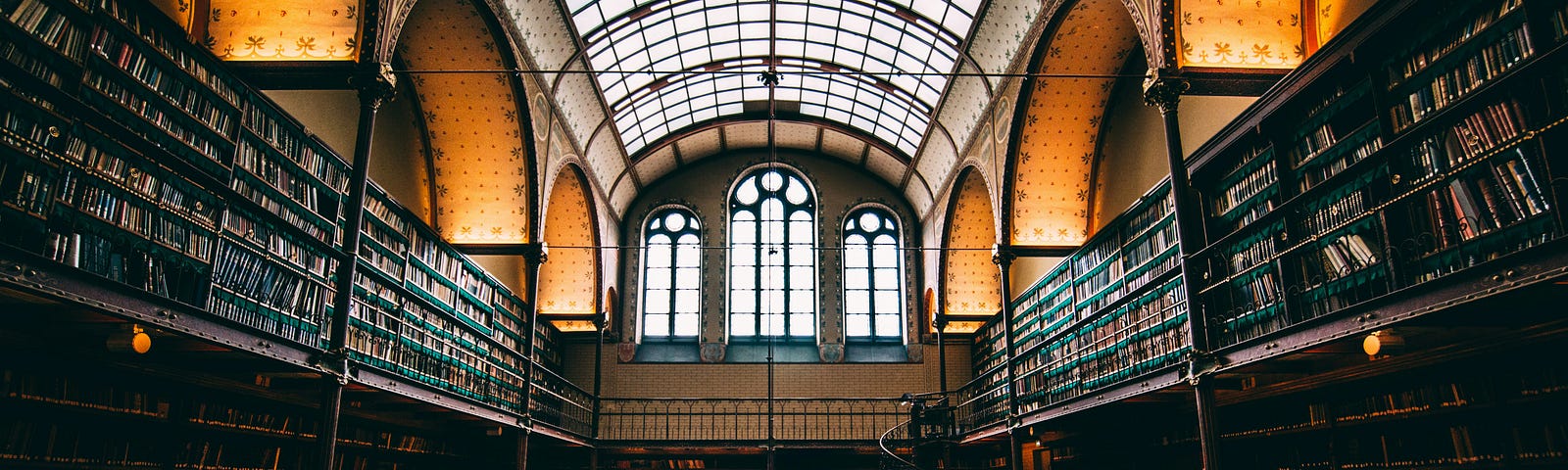 A library filled with bookcases of books on either side. A glass ceiling, criss-crossed with frames lets in a little light.