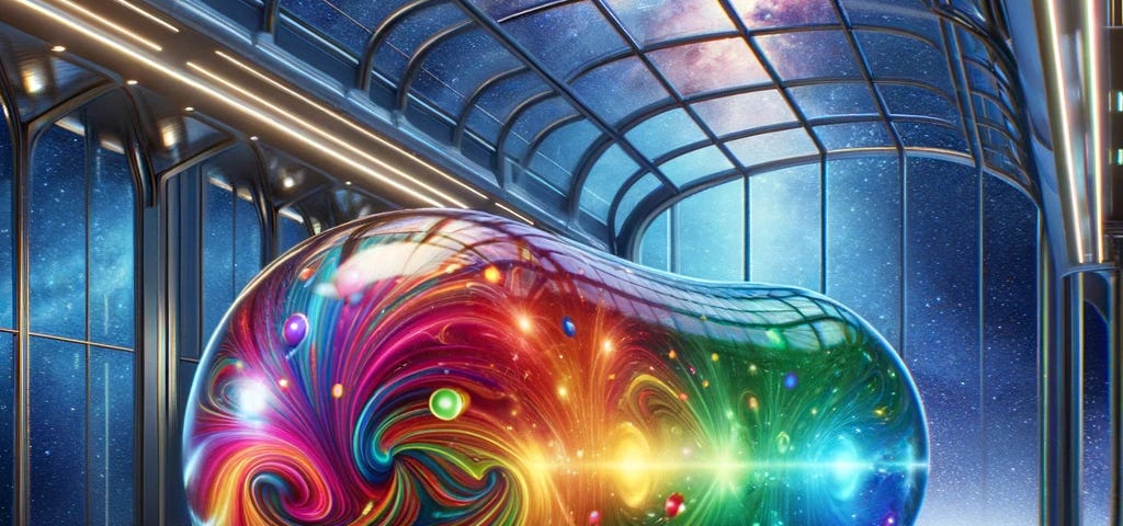 A vividly colored tic tac-shaped quantum bus, glowing with radiant, iridescent lights and dynamic swirling patterns, lies on its side within a futuristic interdimensional travel station. The bus’s spectrum of colors symbolizes its advanced quantum travel capabilities, set against the sleek architecture of the station and the expansive cosmos visible through transparent walls, highlighting its role as a pivotal gateway to 1995.