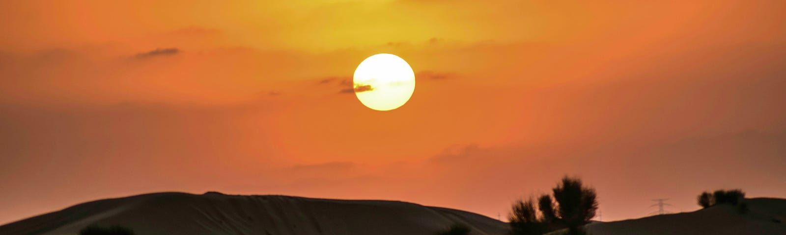 A picture of a desert in twilight. Sandy dunes with a few sparse bushes. The sun is setting and colours the sky orange.