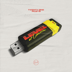Twenty-One Pilots “Level of Concern” single cover art; black USB drive with track name in red and yellow text and yellow electrical tape on its end, band logo bottom center and band name center top on white paper background