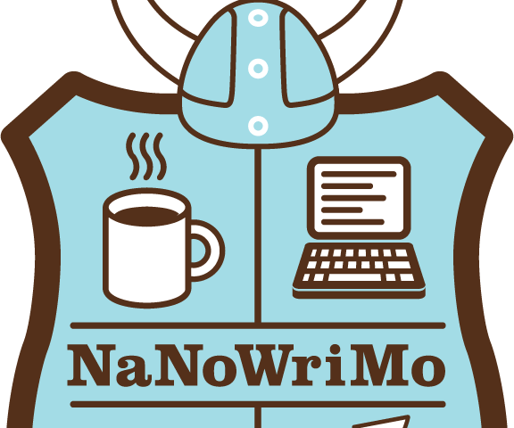 NaNoWriMo’s logo. A Viking helmet sits atop a crest depicting a steaming coffee cup, an open laptop, two pens crossed like swords, and a stack of paper fluttering in an unseen wind.