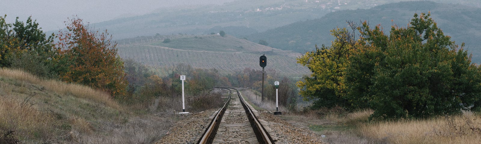 Railway tracks receding from the photographer’s perspective into the distant hills.