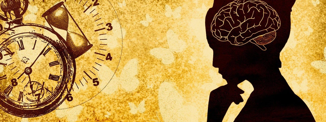 Image of an analog alarm clock with roman numerals on the left, with an hourglass with numbers surrounding it, and a silhouette of a woman holding her hand to her chin, brain highlighted inside her head. Both are in front of a golden background with yellow butterflies flying around.