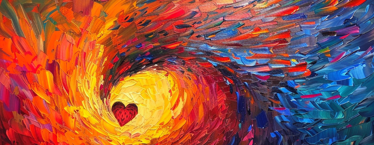 A vortex of color surrounds a small beating heart