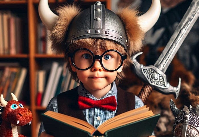 A nerdy child with a horned helmet on.