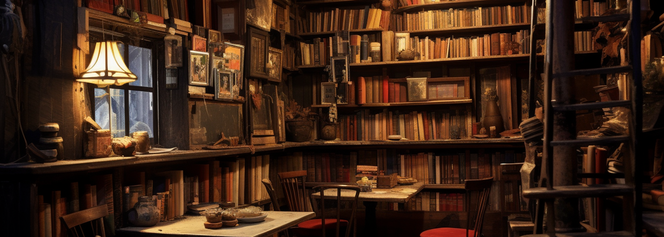A room with books around the walls, tables closer. Warm lighting.