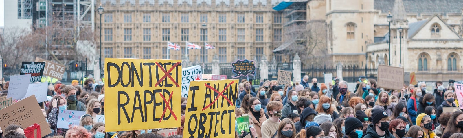 Group protesting with signs that say Don’t Rape (with Don’t Get Raped Crossed out) and I object with I am an object crossed out