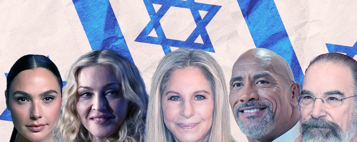 An image of various Hollywood stars such as Gal Gadot and Dwayne “The Rock” Johnson photoshopped over the Israeli flag.