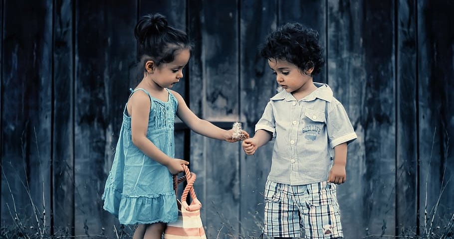Little girl handing a flower to a littler boy
