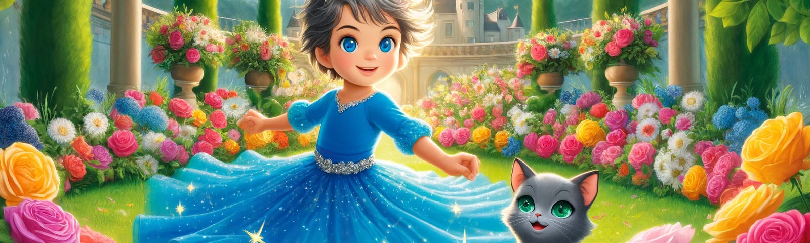 Alex, a little prince, twirls happily in a shimmering blue gown in a vibrant royal garden, with Luna the cat nearby. The garden blooms with colourful flowers under a clear blue sky