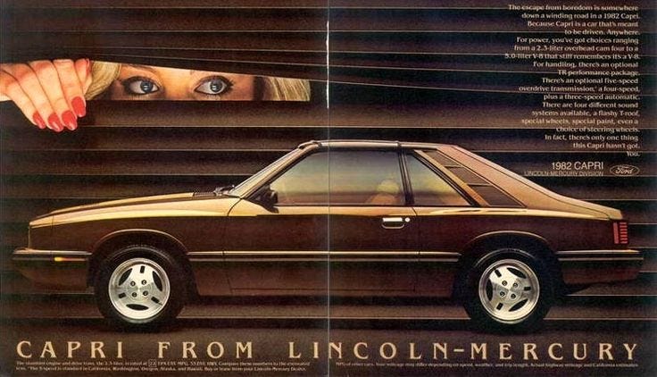 a ford magazine advertisement for the Mercury Capri from 1982