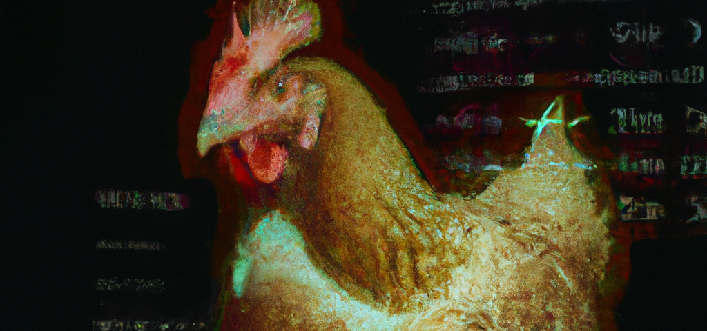 “digital art of a model chicken gazing at an egg made of data”, courtesy of DALL-E
