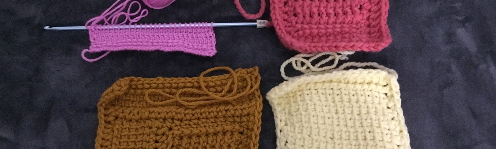 Three squares worked in different Tunisan crochet stitches and one in progress.