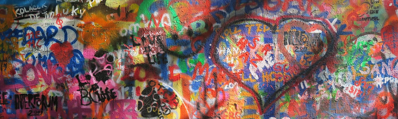 A wall covered with many colours of painted names.