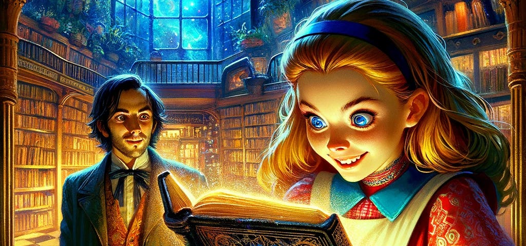 Dive into a magical realm with Alice and Tom as they discover ‘Realms Beyond’ in an old bookshop, transforming into a shadowy, enchanted forest.