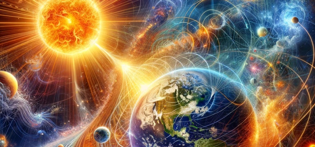 An artistic representation of the sun as a radiant source of quantum information, with its electromagnetic waves streaming towards Earth. The Earth is depicted as a vibrant, interconnected biosphere, with layers of atmosphere, hydrosphere, and lithosphere illustrated. The image conveys the dynamic interaction between the sun’s energy and the Earth’s ecosystems, highlighting the transformation of chaotic energy into organized life. Elements representing photosynthesis, climate regulation, and bio
