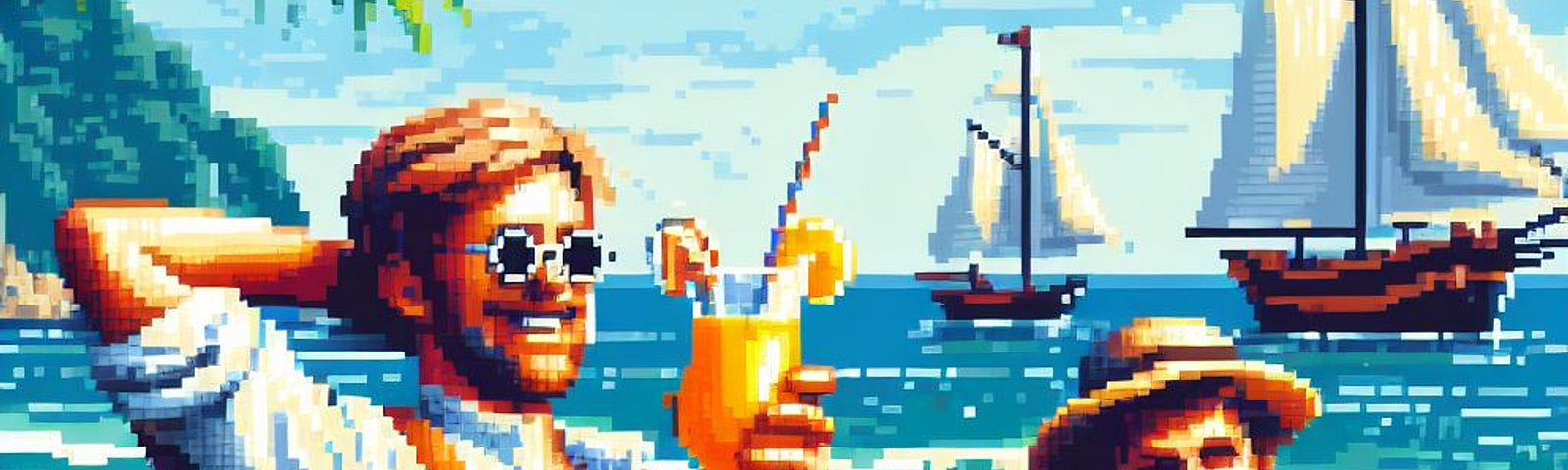 A colorful painting of happy men, relaxing on the beach, drinking mango juice, in the style of 1800s, pixel art