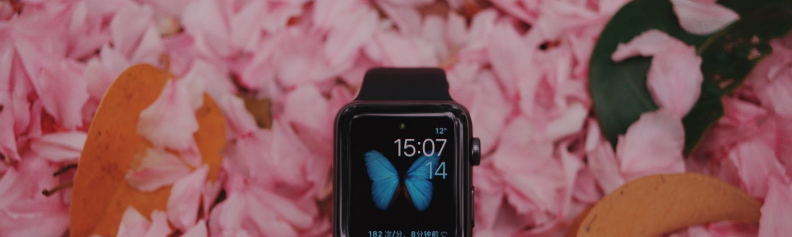 A black wristwatch with a blue butterfly on the screen resting on a bed of pink flower petals.