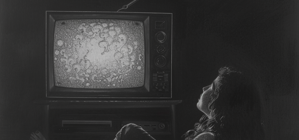 Drawing of a young woman laying on the floor of a dark room in front of a television with bubbles on the screen