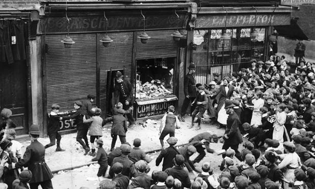 Anti-German sentiment; A mob attacks shops in the UK during WWI. Such riots are discussed in my historical fiction work, Roseleigh.