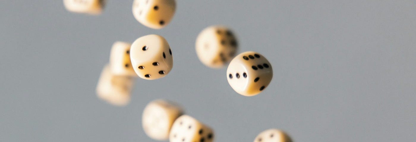 A picture of 6-sided die falling through the air