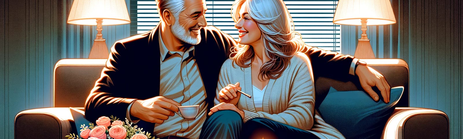 Digital art of a mature couple enjoying a romantic first date in a cozy setting, embodying the theme of adult dating,