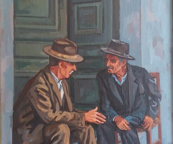 Pintura de dois homens idosos, sentados, conversando.