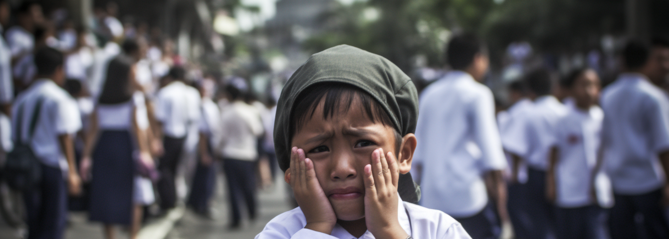 An Indonesian girl crying in the middle of the street