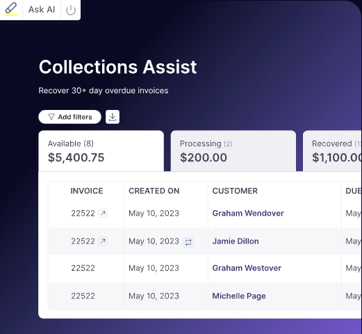A visual of what the Collections Assist tool looks like with a sample listing of overdue invoices.
