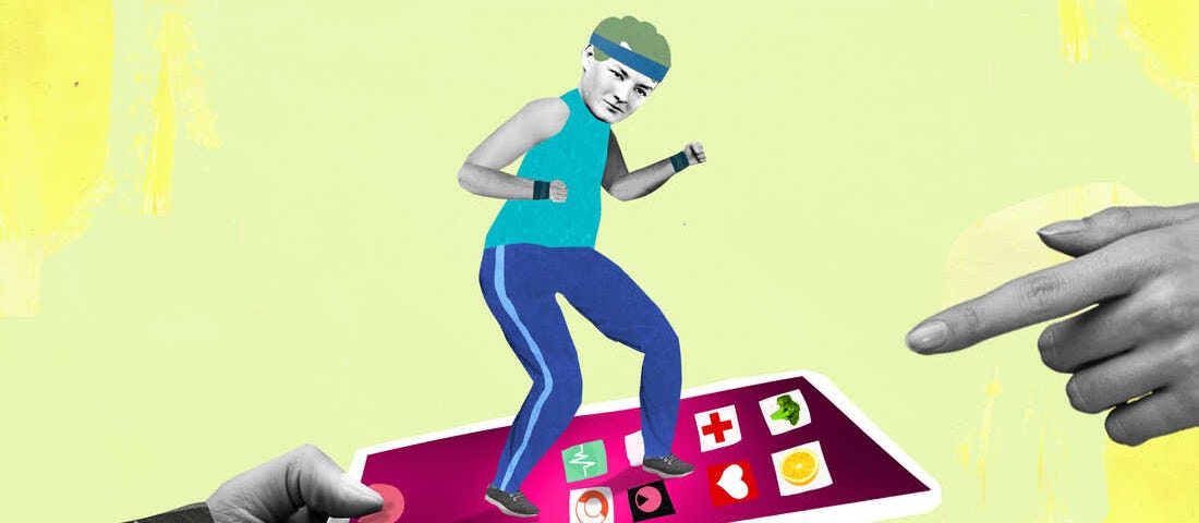 This is an image created for NPR by Katherine Streeter. It shows a person wearing workout gear while standing on top of a cell phone. On the cell phone, you can see applications with symbols relating to health and wellness—such as a read heart, an orange slice, and more. The background is a nice green with some yellow.