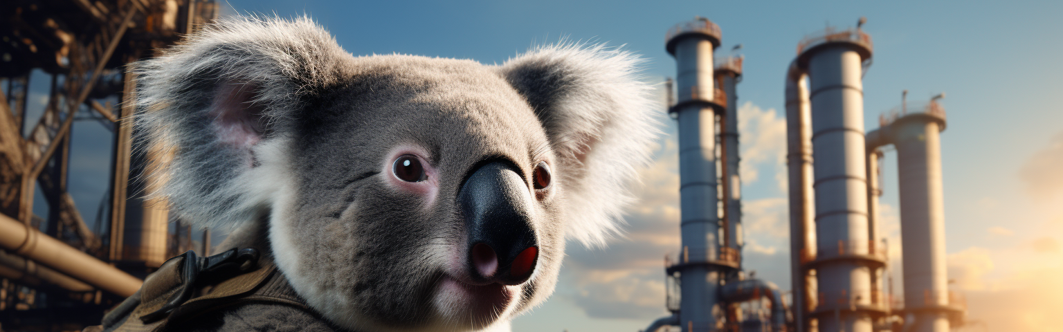 Midjourney generated image of koala bear looking at hydrogen manufacturing plant
