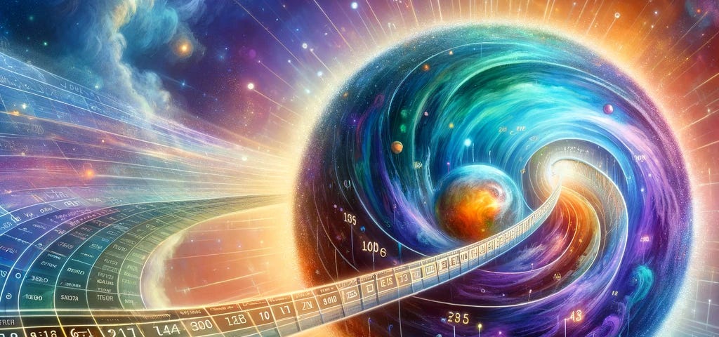 he image illustrates a flat timeline transitioning into a spherical form, with events marked along both the line and the sphere. The background features a cosmic space filled with stars and nebulae, highlighting the concept of time transformation.