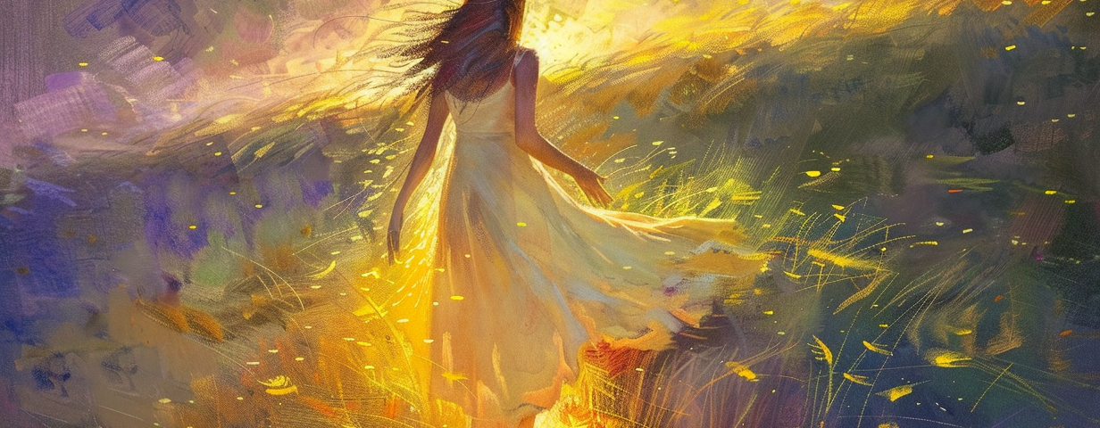 A figure walks in a grassy field surrounded by light