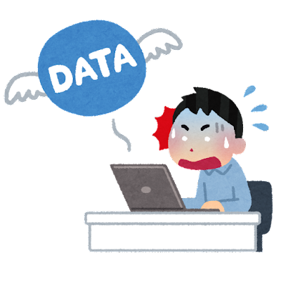An illustration of a stressed out person at a computer, as a winged circle labelled data flies away.