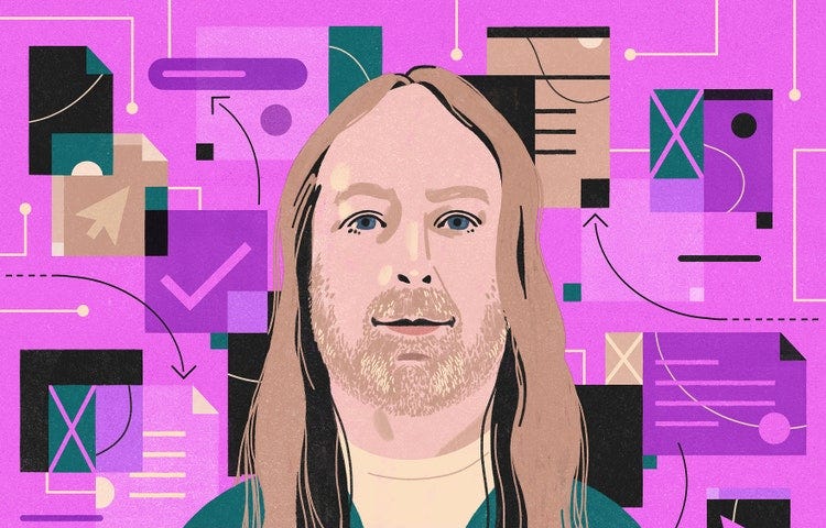 A portrait of a white man with long, blonde hair and facial hair with a pink background of various artboards with mouse cursor, checkmark, and line iconography
