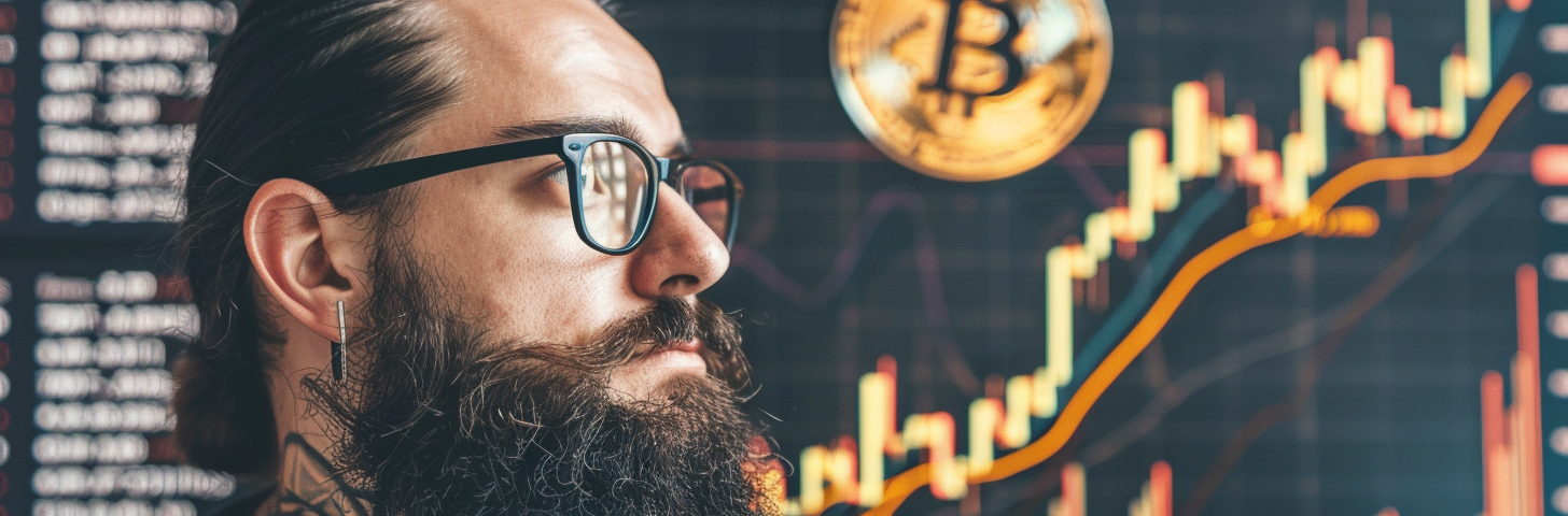 Should You Buy Bitcoin or a Bitcoin ETF?! Exploring the Pros and Cons of Investing in a Spot Bitcoin ETF, AI image created by Henrique centieiro and bee lee on midjourney v6. A man with beard, tattoo and glasses, with the background showing Bitcoin logo and a investment chart.