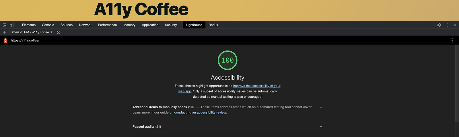 a11y.coffee’s Lighthouse accessibility score of 100%