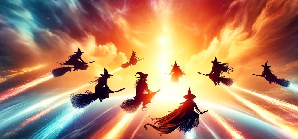 A group of witches on brooms fly towards Earth, entering the atmosphere like rocket ships. The vibrant sky is filled with streaks of light and energy trails, creating a sense of speed and urgency. Below, the illuminated continents and oceans of Earth are visible. The scene is magical and powerful, symbolizing the return and rise of the witches.