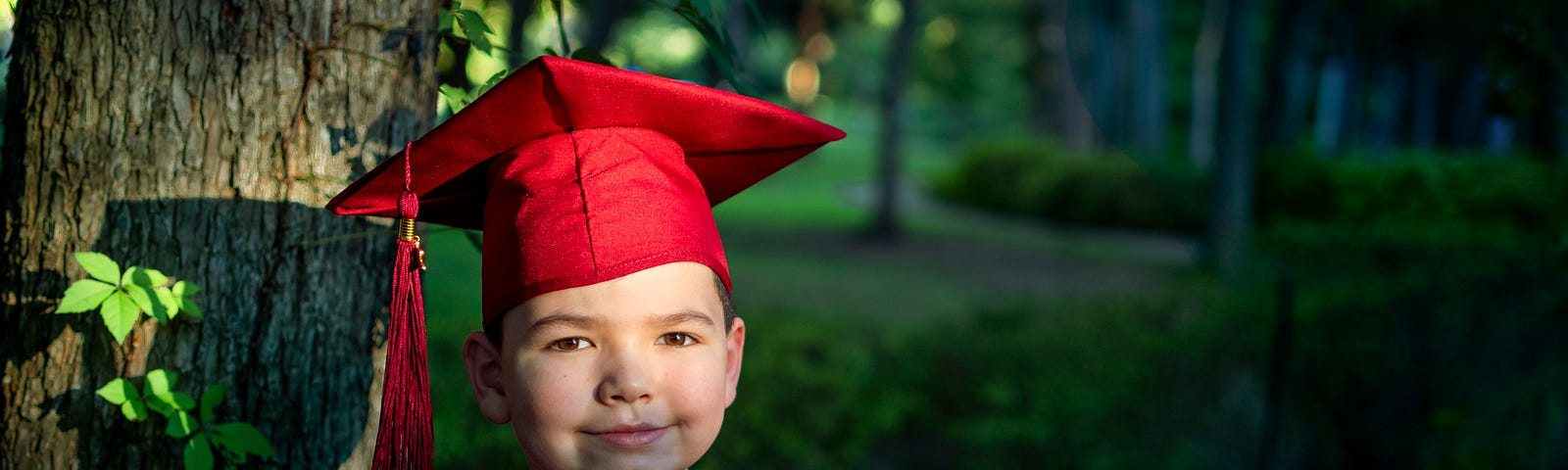 Small boy, about 6 y/a dressed in red graduation outfit. He has a weird smile as if it isn’t suitable for his age. He is right, I think :-) Take a look at my website for genuine smiling opportunities: www.elladejong.com/en