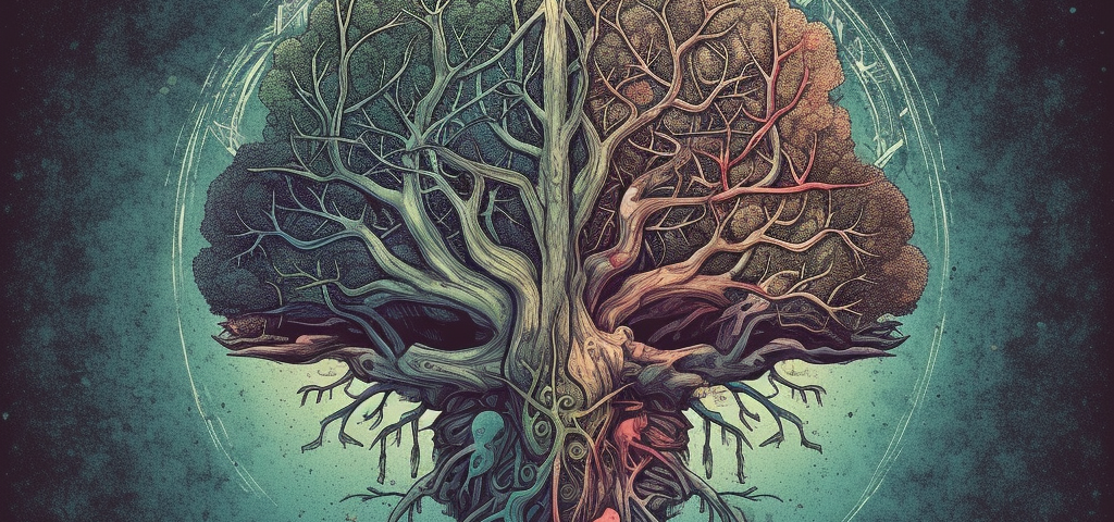 A beautiful illustrated of brainy roots. Think brain shape with tree and roots. By Zane Dickens and MidJourney