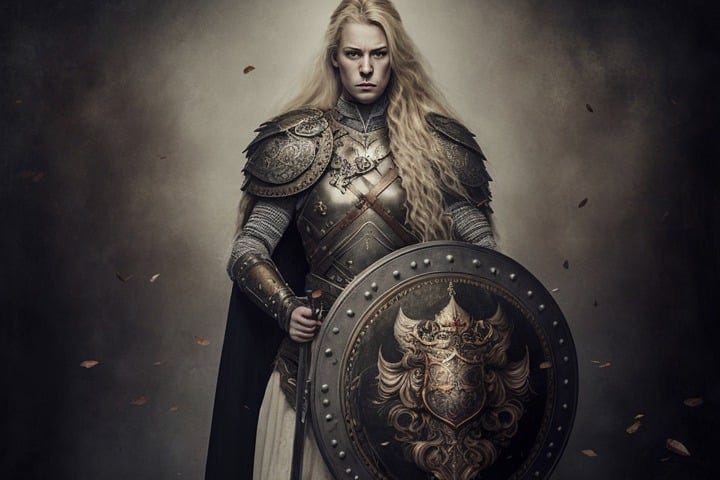 A female Viking warrior looking fierce
