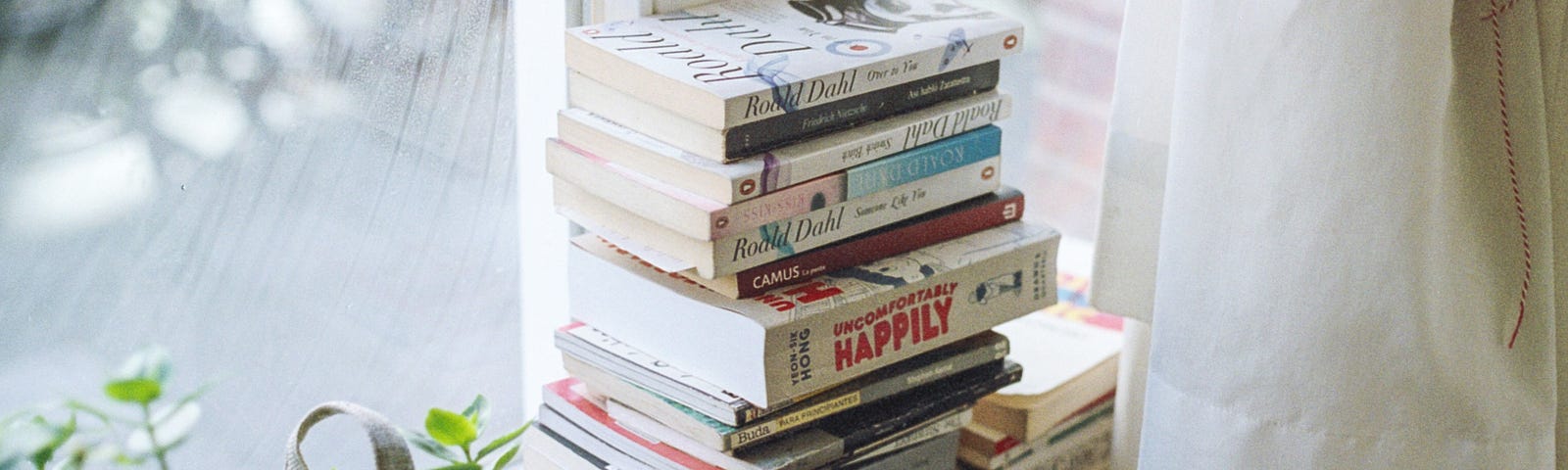 Books stacked on a window