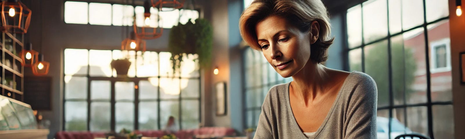 A middle-aged woman reading a text message with a thoughtful expression, sitting alone at a café table. The background should show a cozy, modern café scene in the late afternoon.